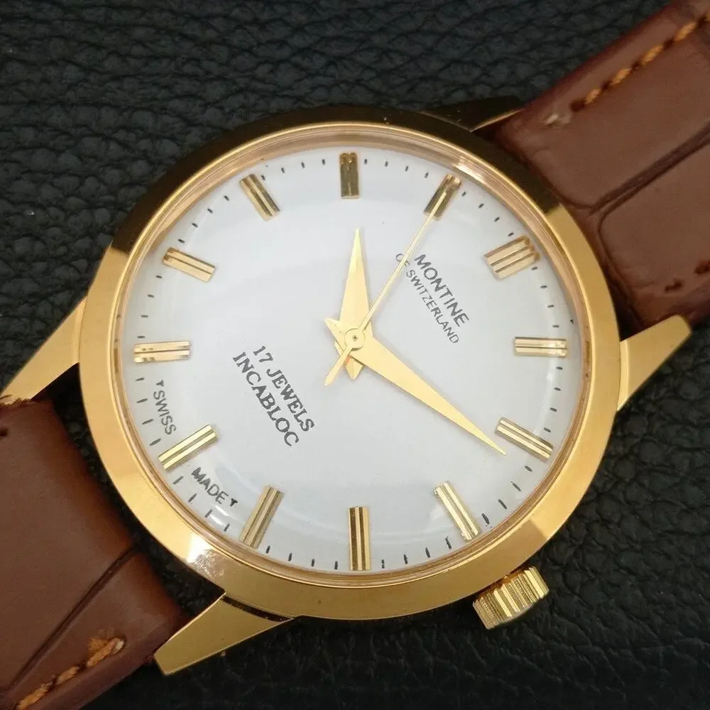 Vintage 1978 Montine Of Switzerland  Manual Mens Gold Watch W/Brown Strap